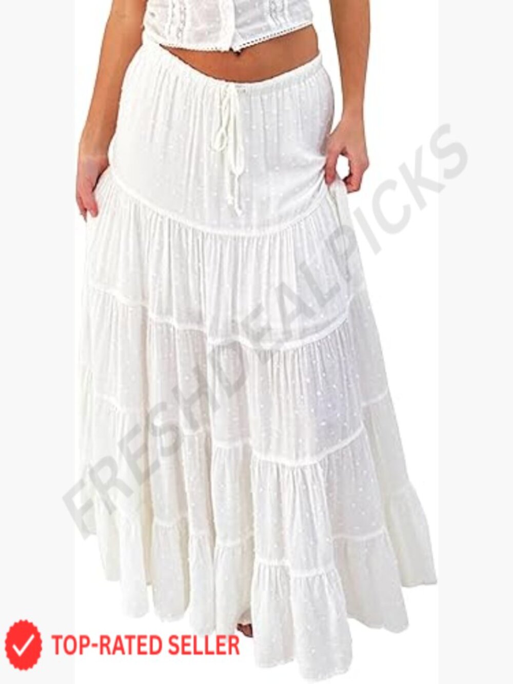 White Maxi Skirt Elastic Waist A-Line Pleated Summer Boho Beach Long Skirt